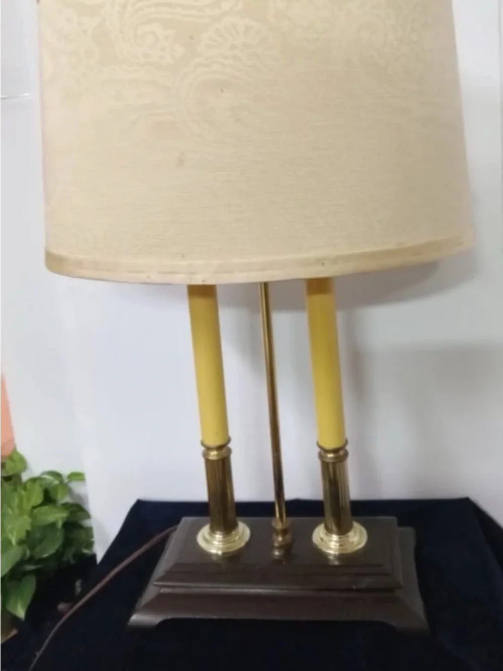 Vintage Table Lamp Double Brass Candlesticks Wooden Base All Electric Cloth Shad